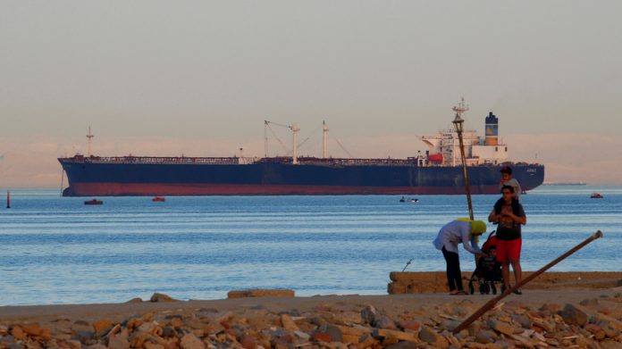 Container ship crosses the Gulf of Suez towards the Red Sea before entering the Suez Canal
