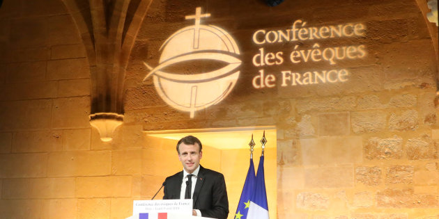 French President Emmanuel Macron delivers a speech during a meeting of the Bishops' Conference of France (CEF) at College des Bernardins in Paris