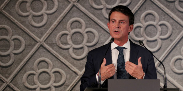 Former French PM Valls gestures as he announces that he will run for mayor of Barcelona during an event in Barcelona