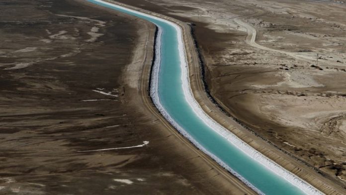 A man-made channel is seen in this aerial view along the shores of the Dead Sea
