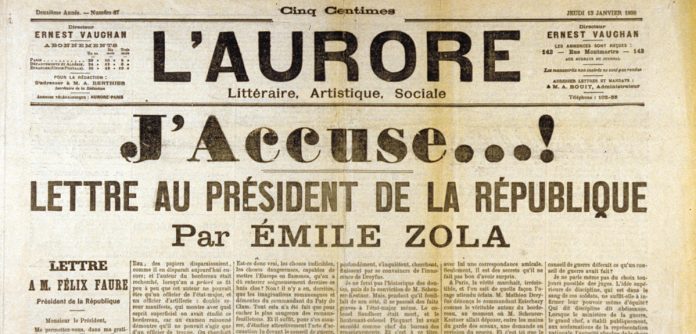 Frontpage of the newspaper 'L'Aurore' : 'J'accuse' by Emile Zola about Dreyfus. January 13th, 1898.