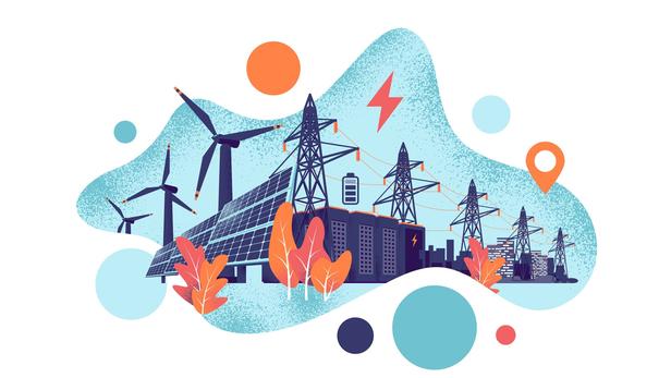 Renewable energy smart power grid system concept. Modern grain style vector illustration solar panels, wind turbines, battery storage, high voltage electricity power transmission grid and clean city.