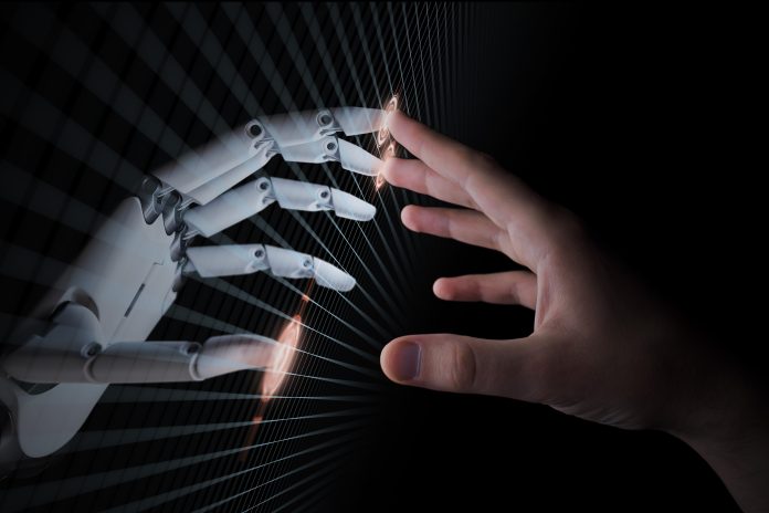 Hands,Of,Robot,And,Human,Touching.,Virtual,Reality,Or,Artificial